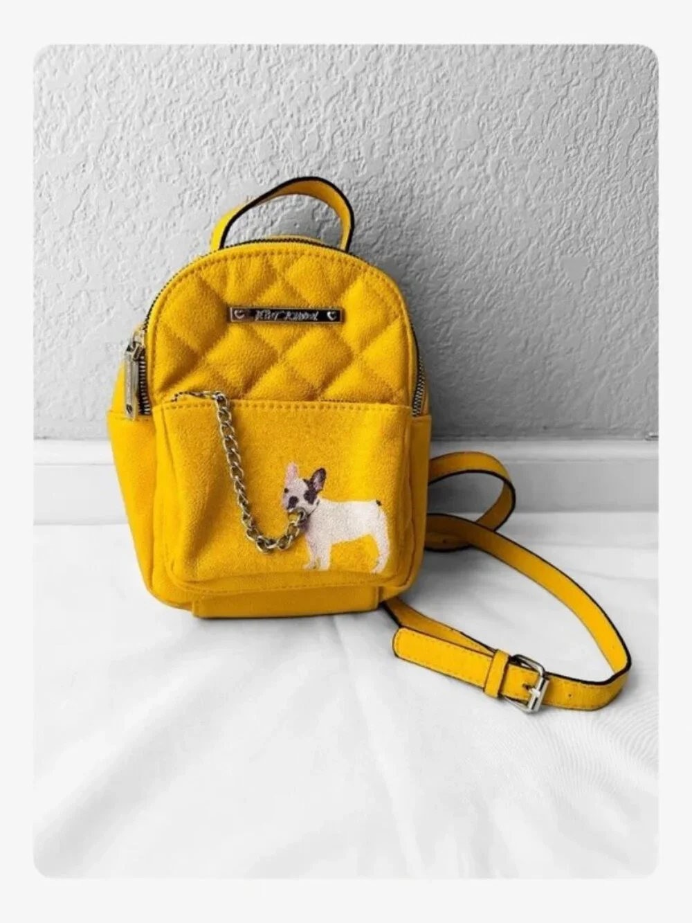 Betsey Johnson Yellow Quilted Mini Backpack with Dog Patch